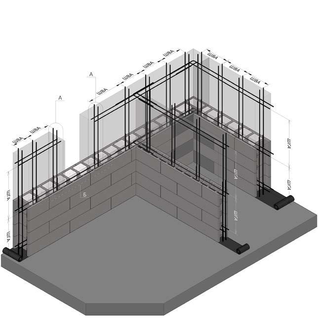Рис. 15.4 - горизонтально и вертикальное армирование при строительстве из блоков Теколит